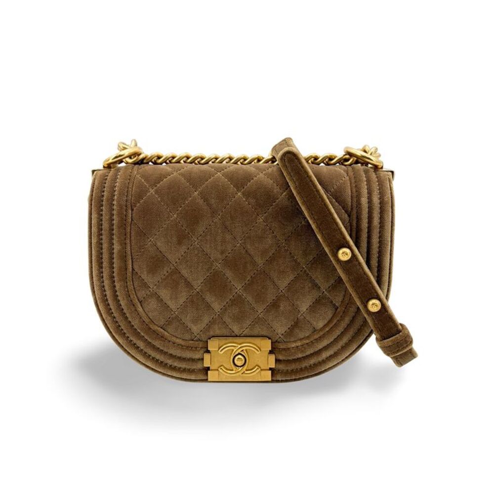 Chanel Boy Messenger Bag Velvet Brown Gold Hardware
